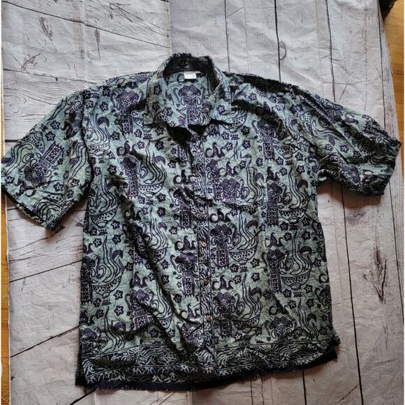 Batik World Blue Hawaiin Button Up Mens Shirt Size XXXL Wooden Buttons - Picture 1 of 10